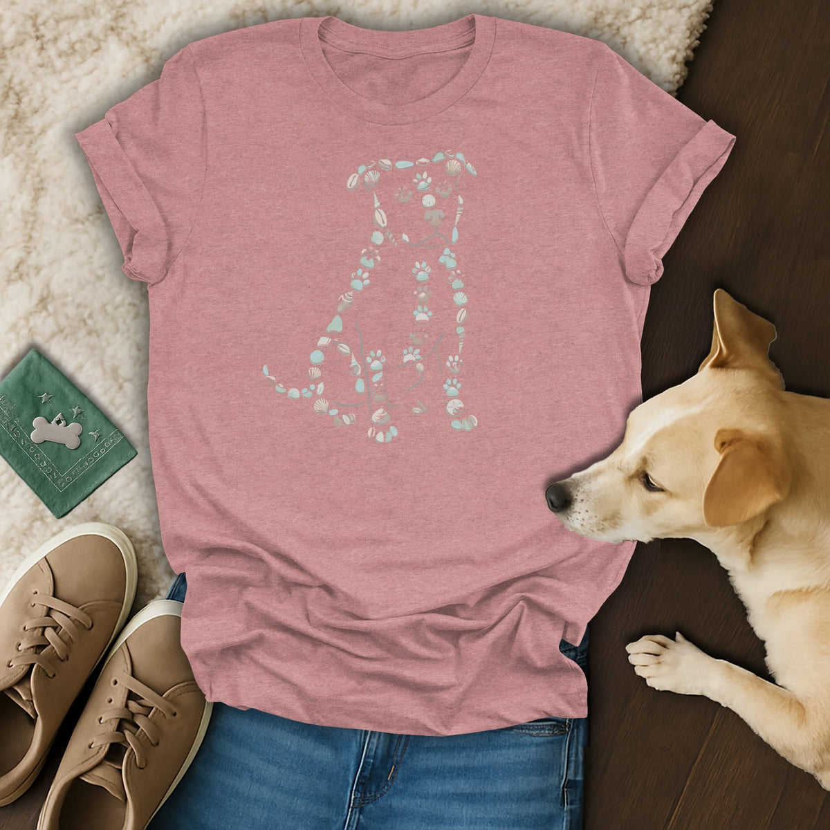 Pink t-shirt with dog silhouette made of seashells and paw prints.