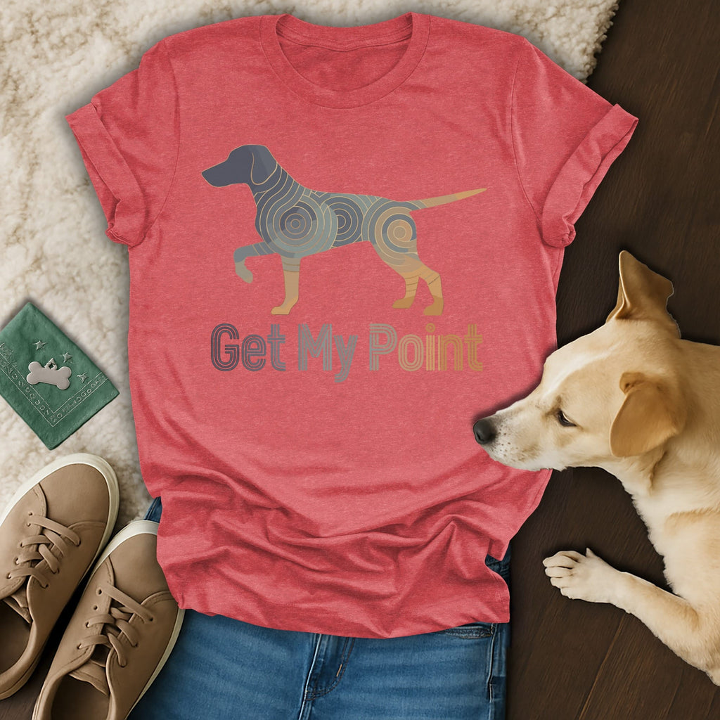 T-shirt with abstract dog and "Get My Point" text.