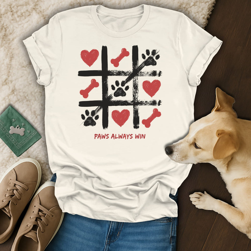 White t-shirt with a tic-tac-toe board featuring paw prints, hearts, and bones, text reads 'Paws Always Win'.