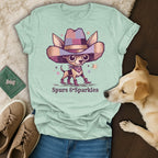 T-shirt with chihuahua wearing cowboy hat and boots, text "Spurs & Sparkles".