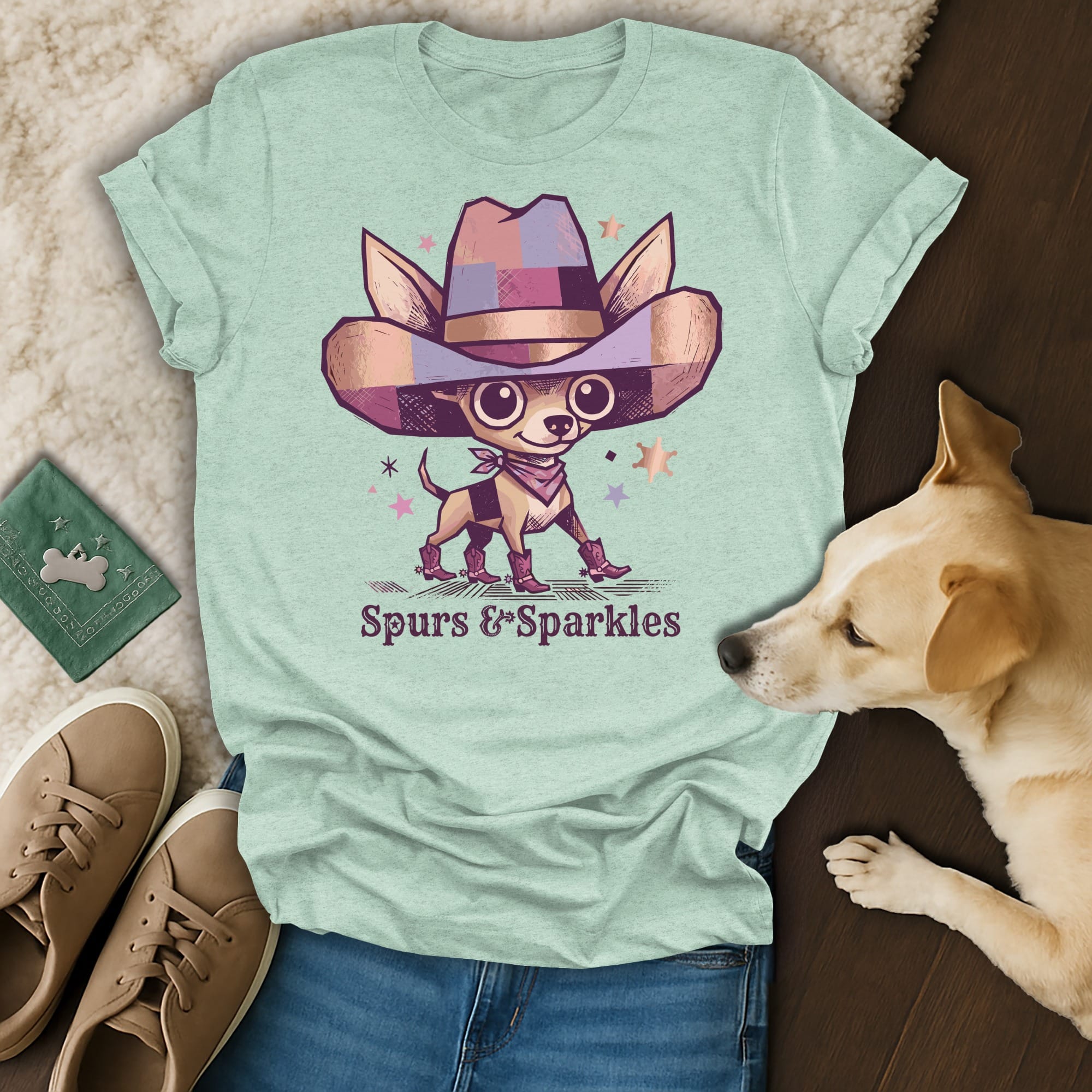 T-shirt with chihuahua wearing cowboy hat and boots, text "Spurs & Sparkles".