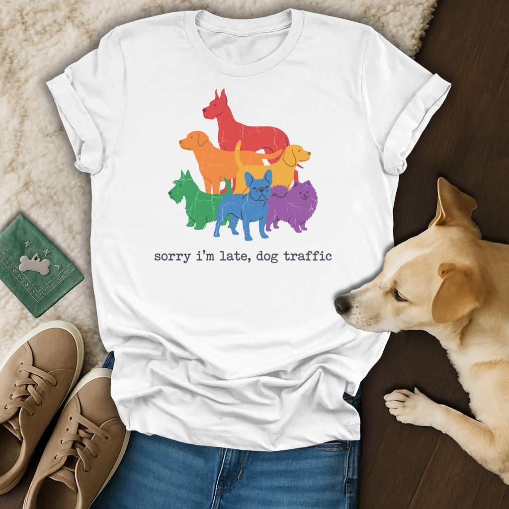 White t-shirt with rainbow dogs graphic and text "sorry i'm late, dog traffic".