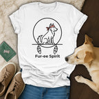 White t-shirt with "Fur-ee Spirit" logo featuring a dog wearing a bandana.