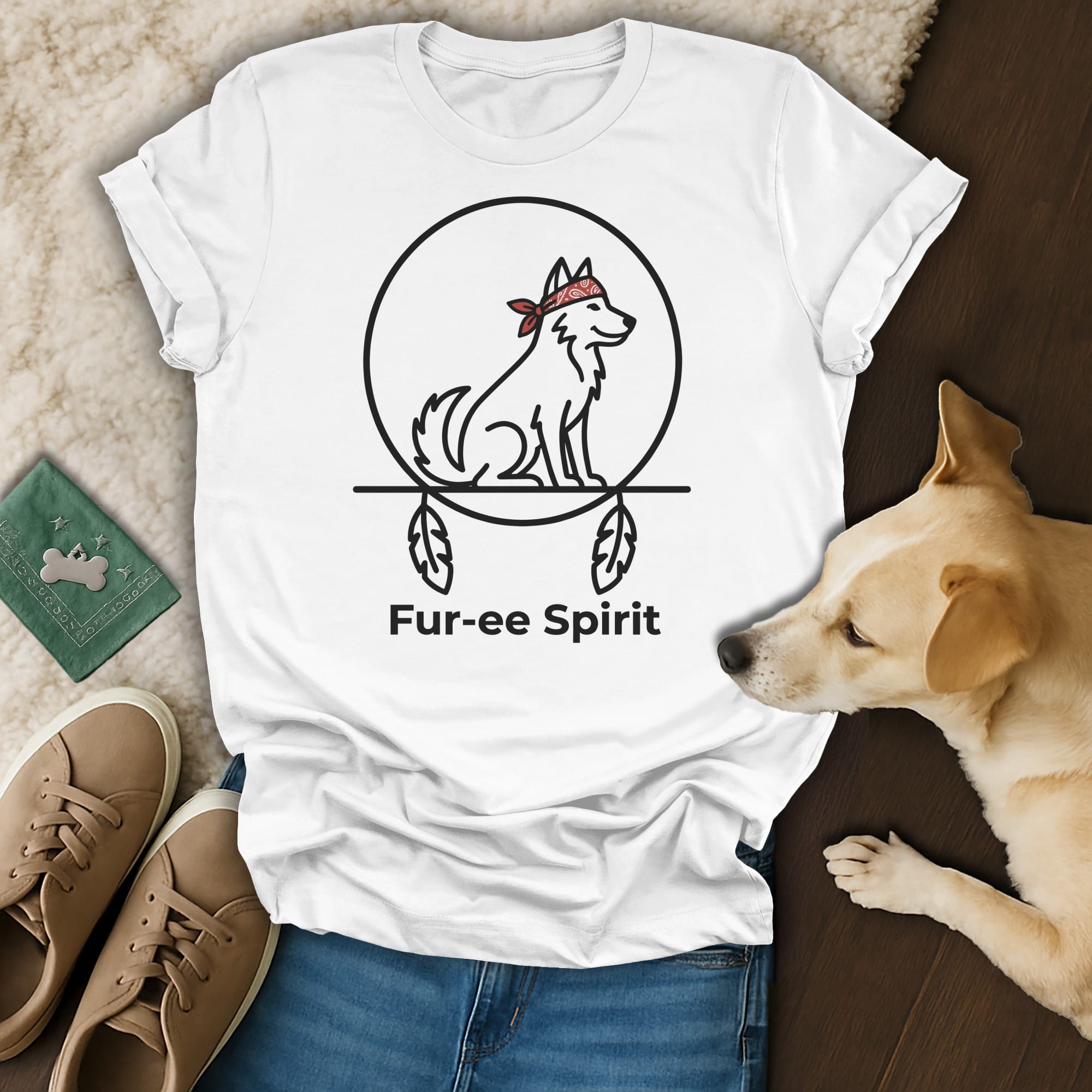 White t-shirt with "Fur-ee Spirit" logo featuring a dog wearing a bandana.