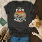 Dark t-shirt with "This is My Dog Walking Shirt" text and cartoon dogs.
