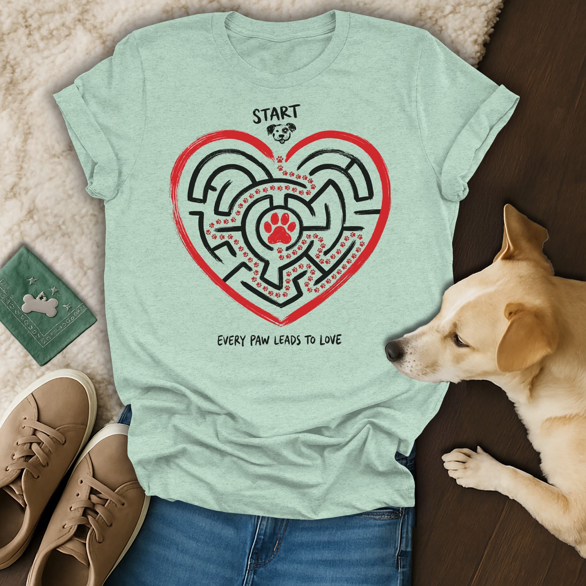 Light teal t-shirt with heart maze, paw prints, and text "Start" and "Every Paw Leads to Love".