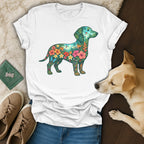 White t-shirt featuring a colorful floral dachshund illustration.