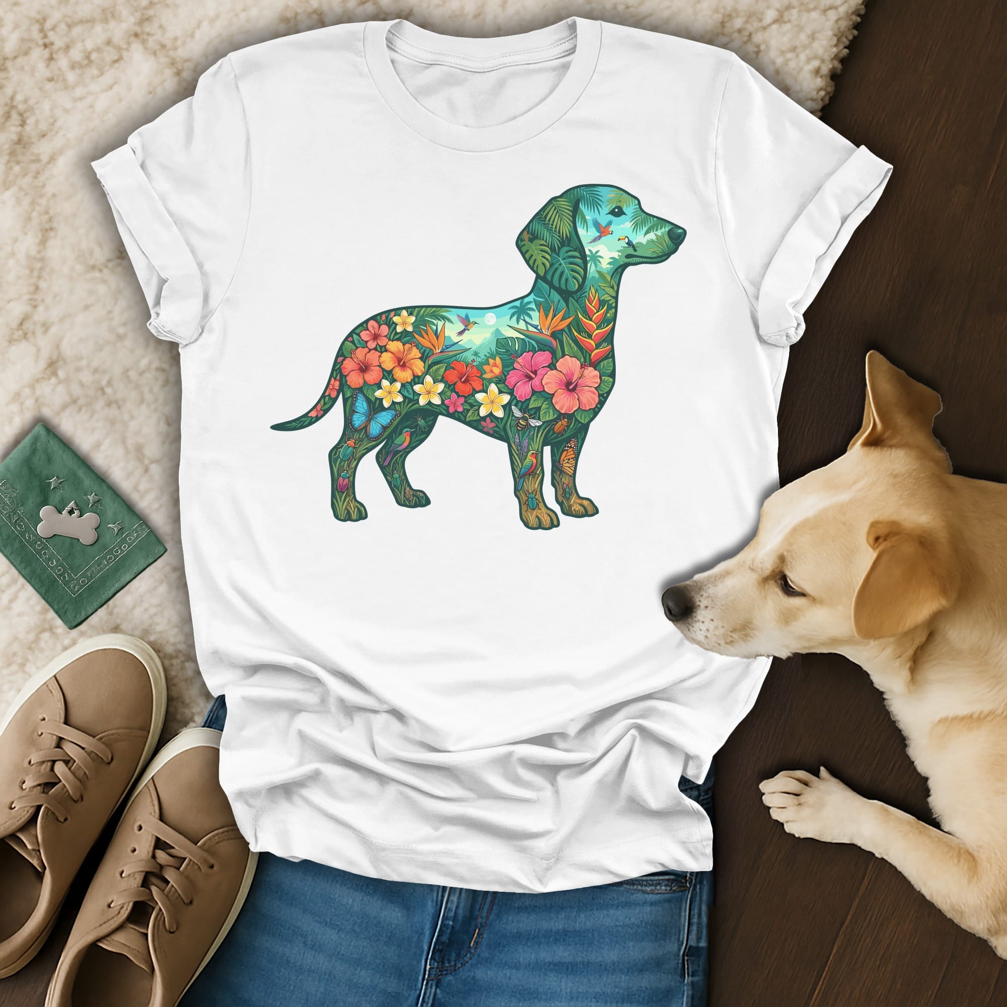 White t-shirt featuring a colorful floral dachshund illustration.