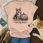 T-shirt with a corgi dog and jack-o'-lantern design, text "Gourd Boy".
