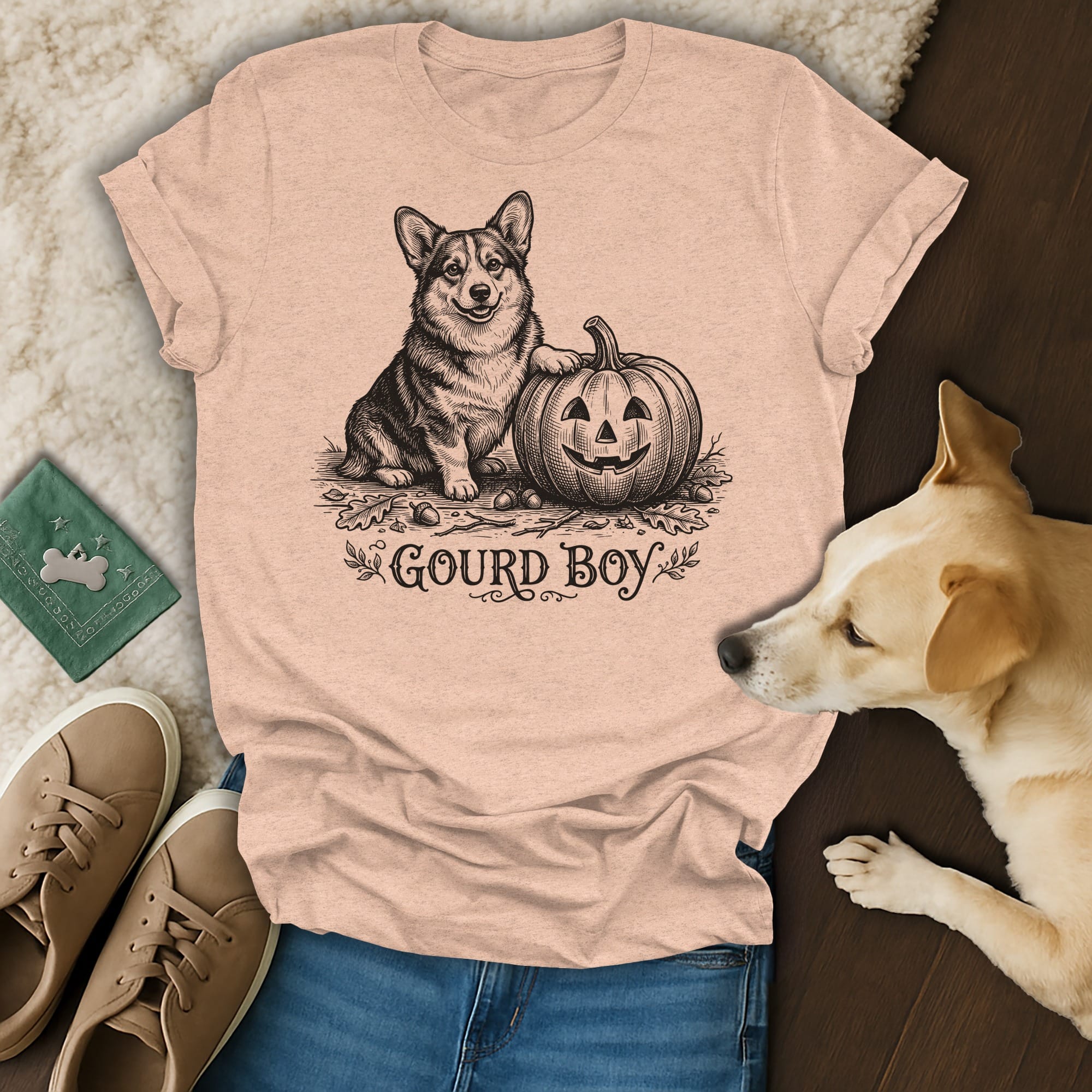 T-shirt with a corgi dog and jack-o'-lantern design, text "Gourd Boy".