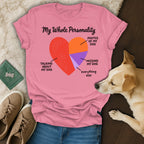 Pink t-shirt with "My Whole Personality" and a pie chart about dogs.