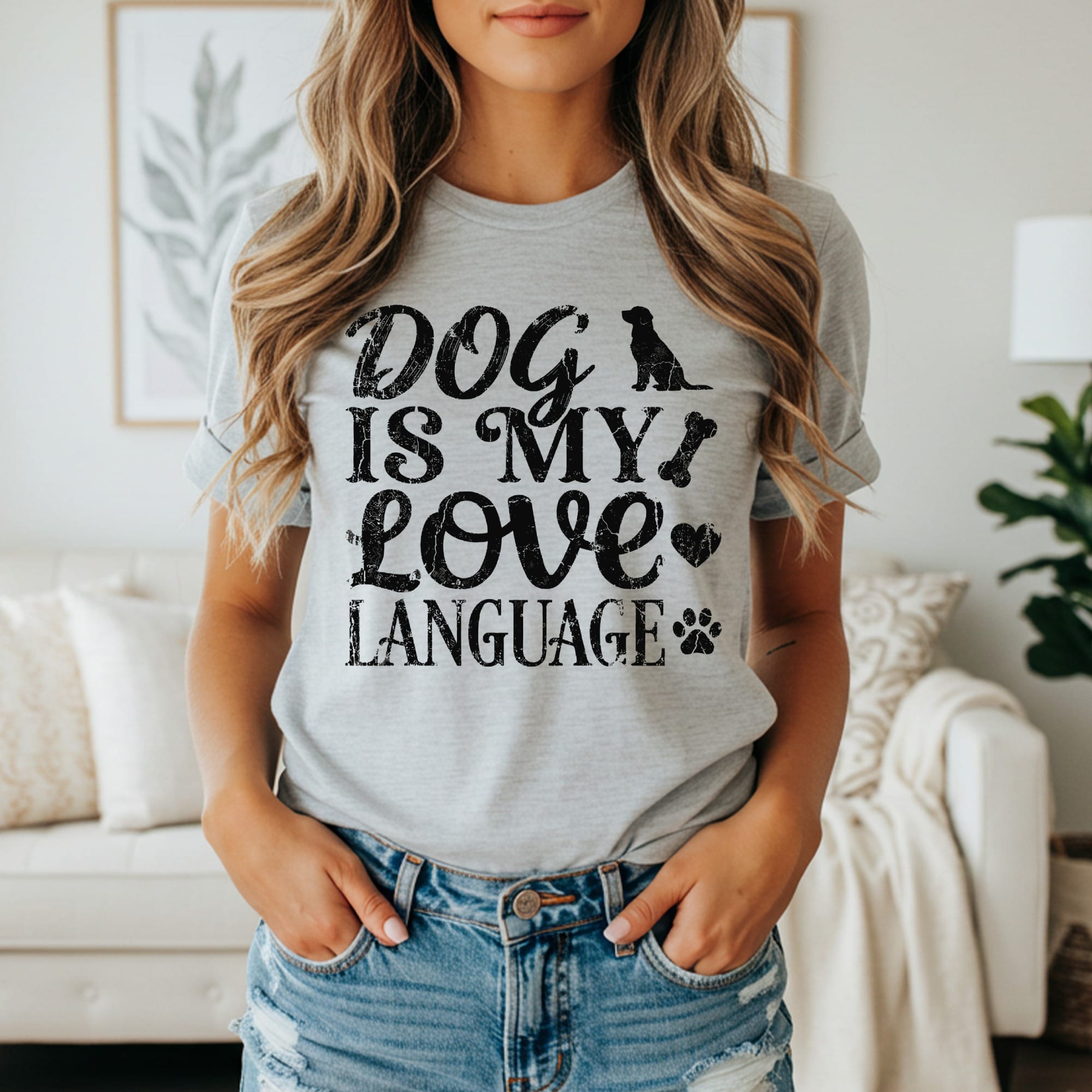 Gray t-shirt with black distressed text "Dog Is My Love Language" and dog icons.