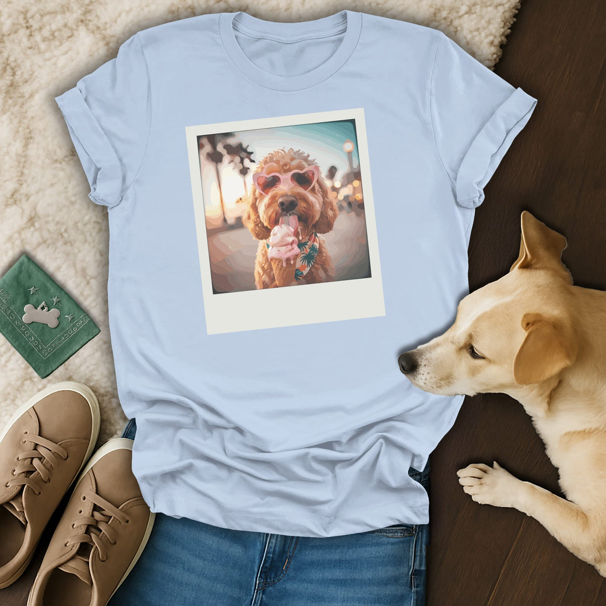 Light blue t-shirt with polaroid of dog wearing heart sunglasses eating ice cream.