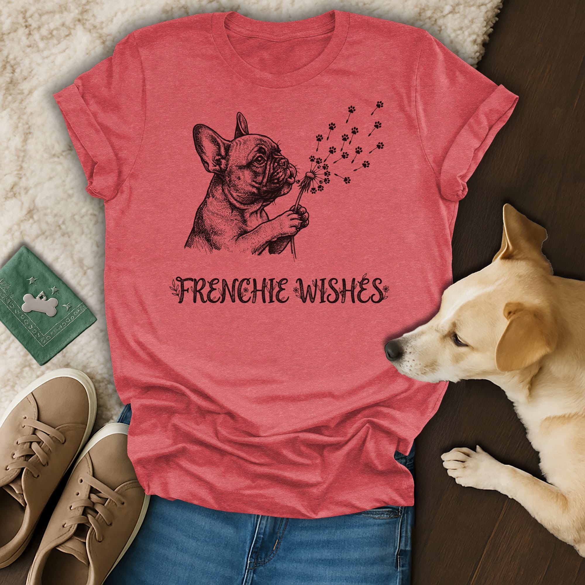 Frenchie Wishes graphic on heathered red t-shirt with French bulldog blowing dandelion seeds.