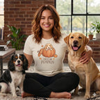 Woman with two dogs and a pumpkin graphic on her shirt reading "Hello Pumpkin."