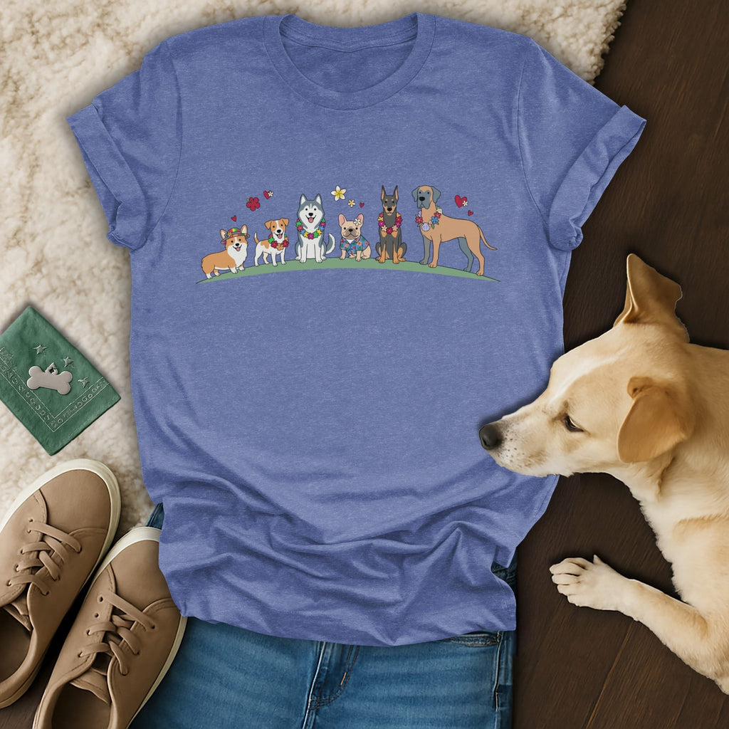 T-shirt with cartoon dogs wearing leis and flowers, on a flat lay with jeans and sneakers.