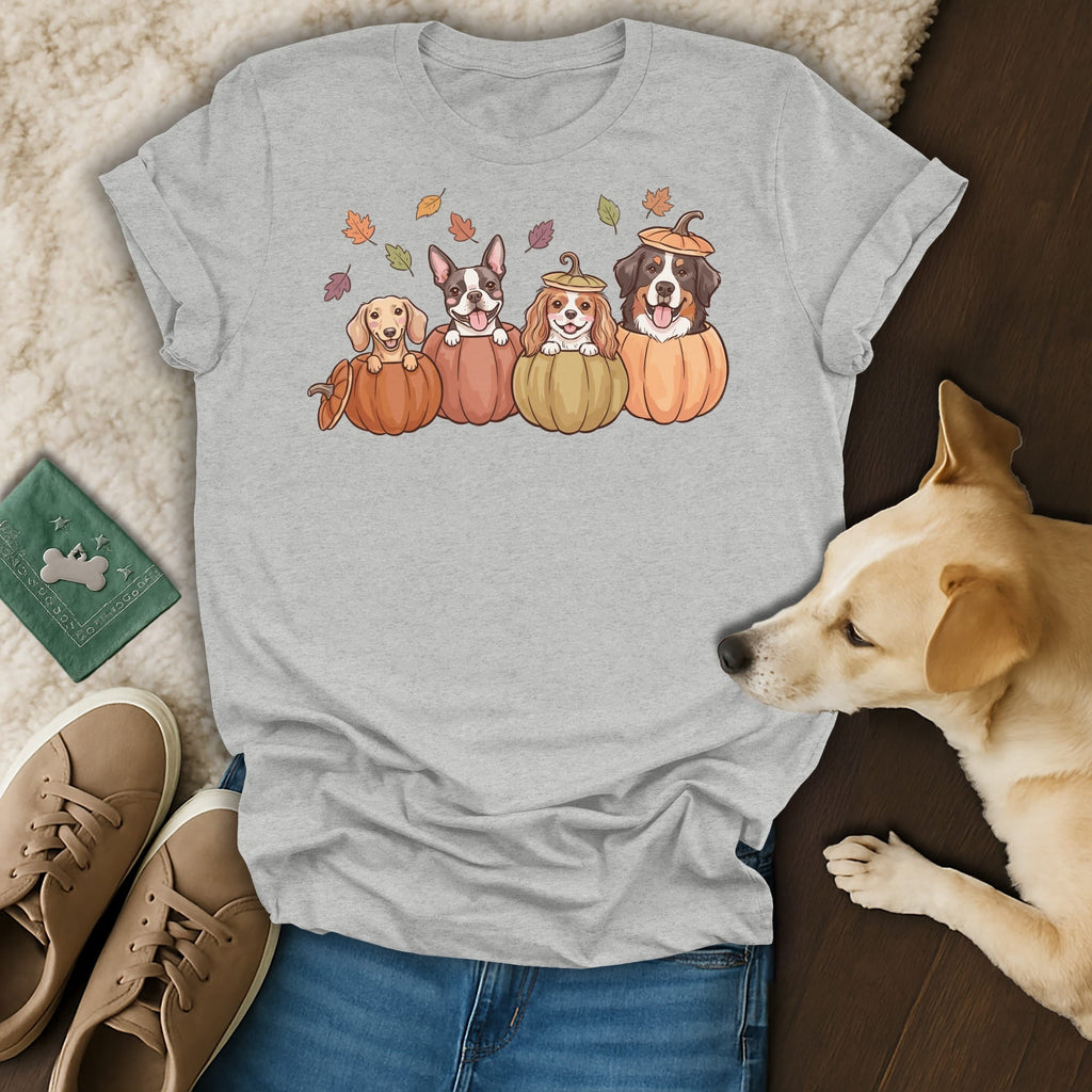 Grey t-shirt with cartoon dogs in pumpkins and falling autumn leaves design.