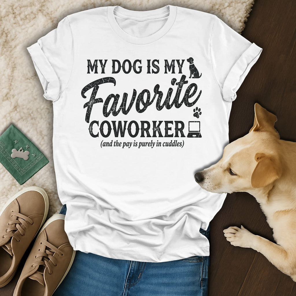 White t-shirt with "My Dog is My Favorite Coworker" text and dog graphic.