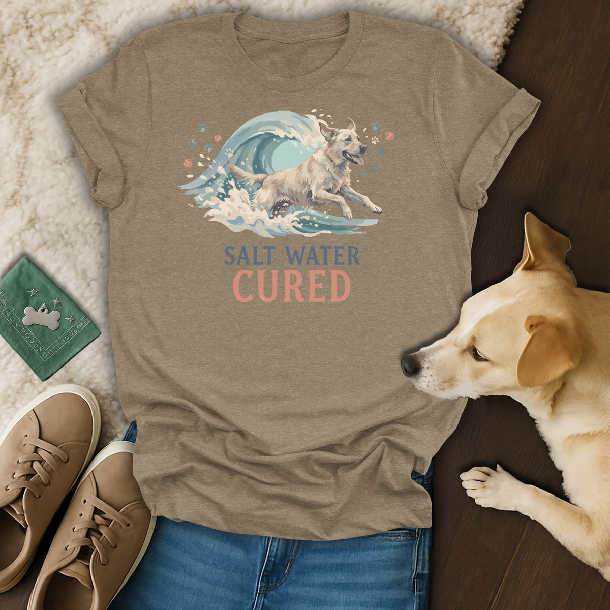 T-shirt with a golden retriever running through a wave, text "SALT WATER CURED".