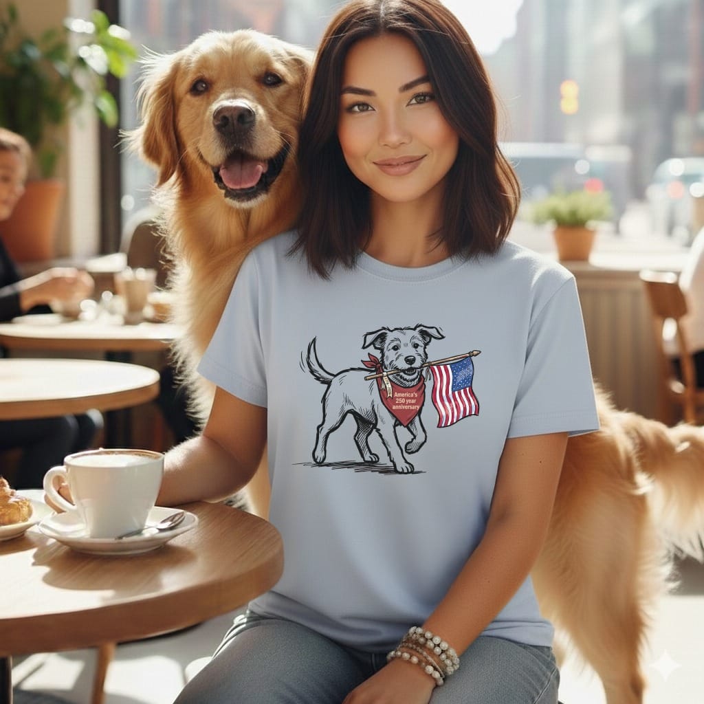 Woman with golden retriever wears t-shirt depicting dog carrying American flag.