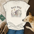 Cream t-shirt with "Born Wild" text and a howling wolf design.