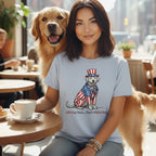 Woman in patriotic t-shirt with Golden Retriever, holding coffee cup.