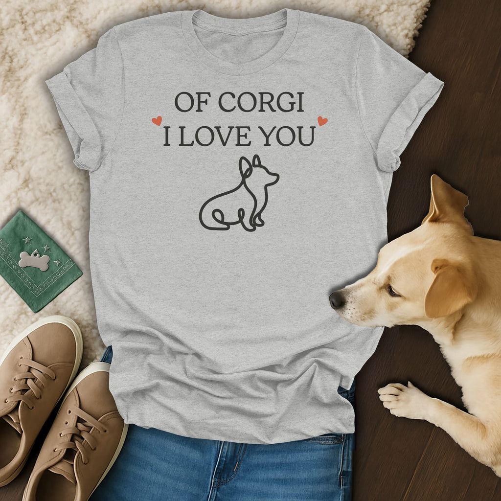 Light grey t-shirt with text "Of Corgi I Love You" and corgi outline.