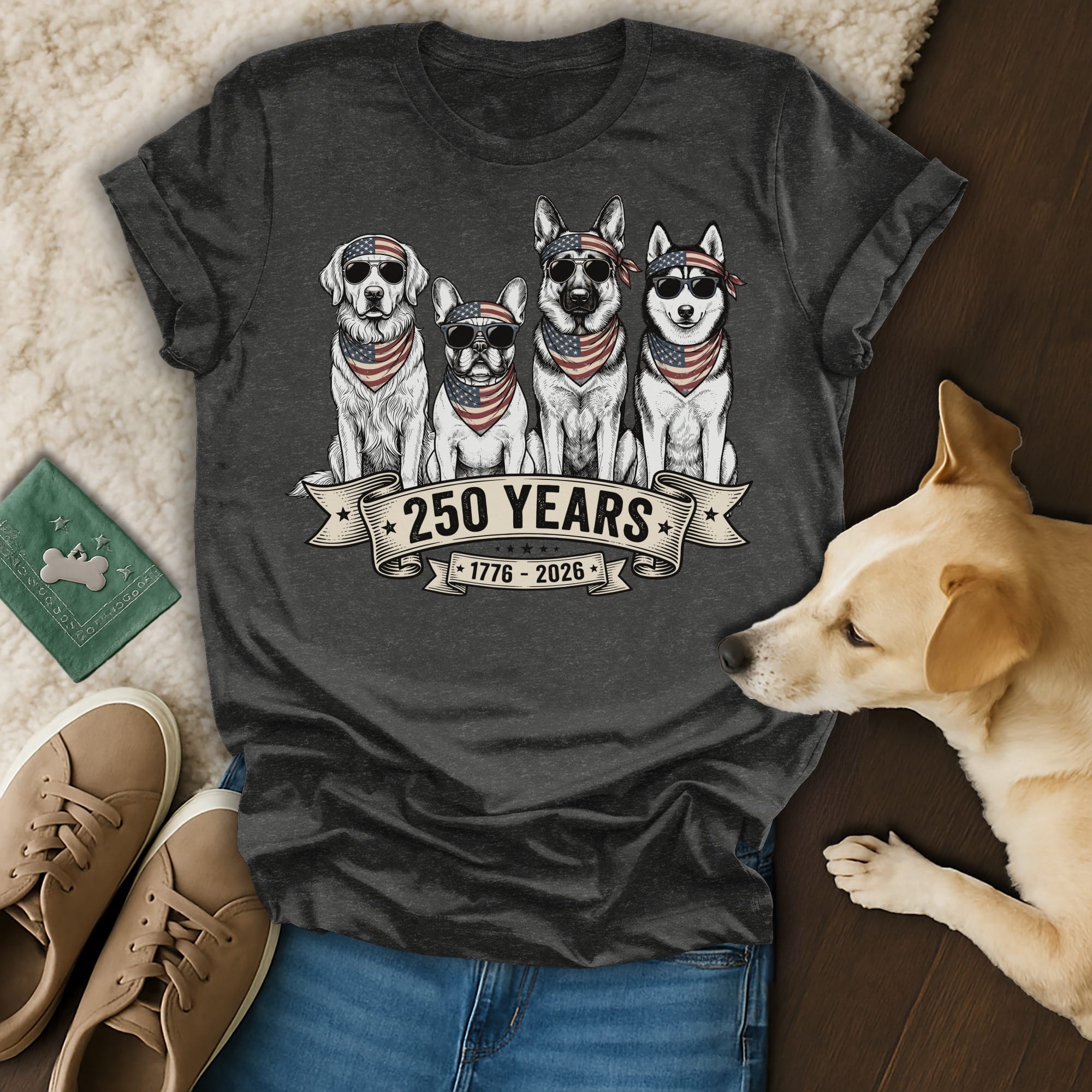 Dogs in bandanas celebrate 250 Years, 1776-2026.