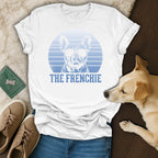 White t-shirt with French bulldog wearing sunglasses and text "THE FRENCHIE".