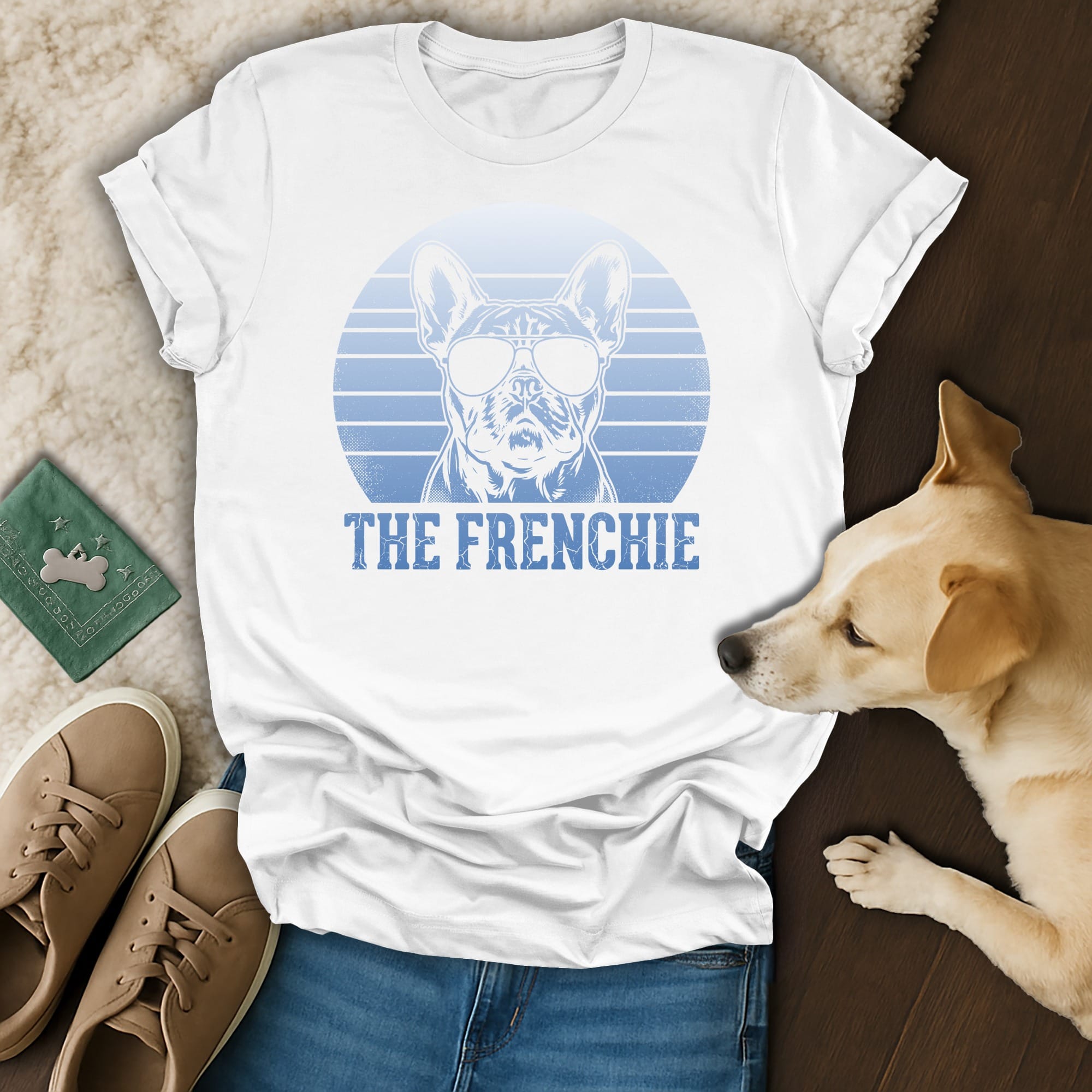 White t-shirt with French bulldog wearing sunglasses and text "THE FRENCHIE".