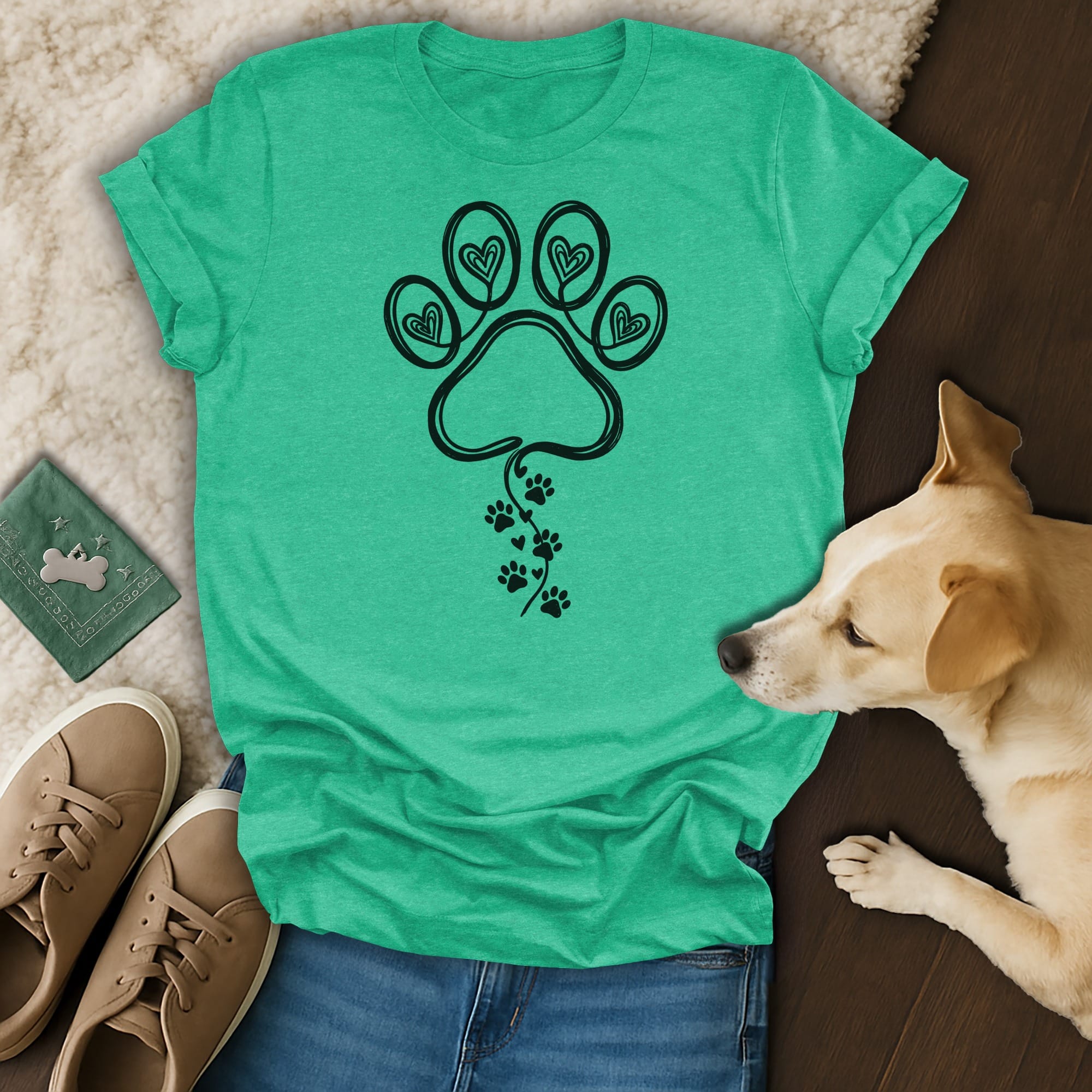 Green t-shirt with paw print heart design, dog and shoes nearby.