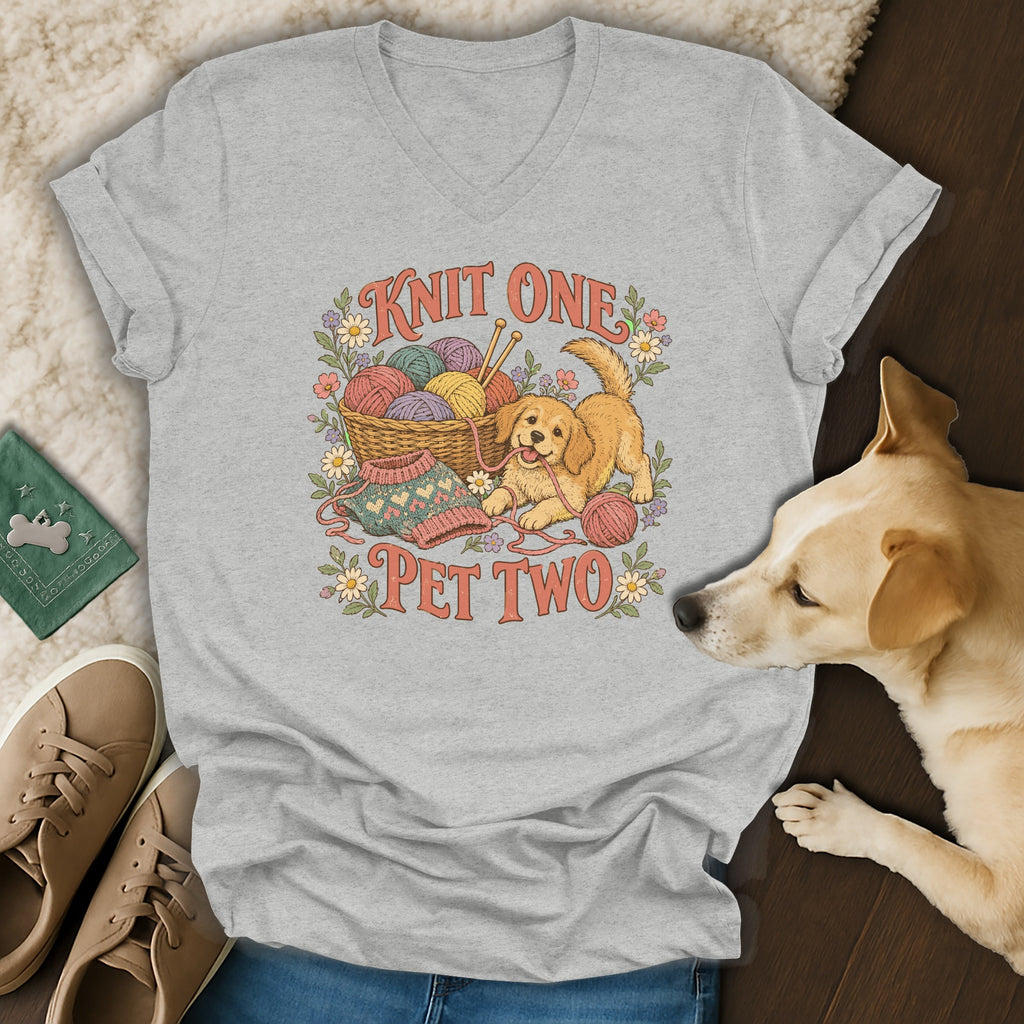 Heather gray v-neck t-shirt featuring a vintage graphic of a puppy, yarn basket, and Knit One Pet Two text.