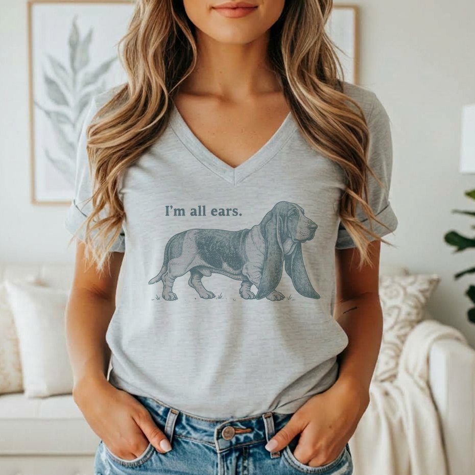 Gray t-shirt with Basset Hound illustration and "I'm all ears." text.
