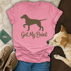 Pink t-shirt with dog silhouette and "Get My Point" text.