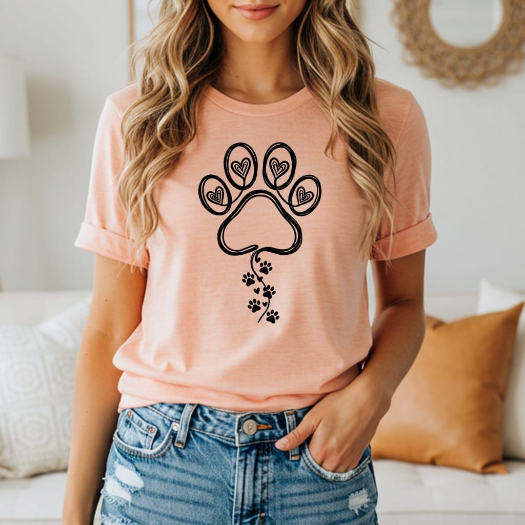 Peach t-shirt with a paw print design and small paw prints trailing down.