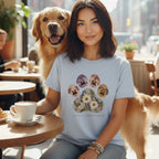 A woman sits at a cafe table wearing a light blue t-shirt featuring a floral paw print design.