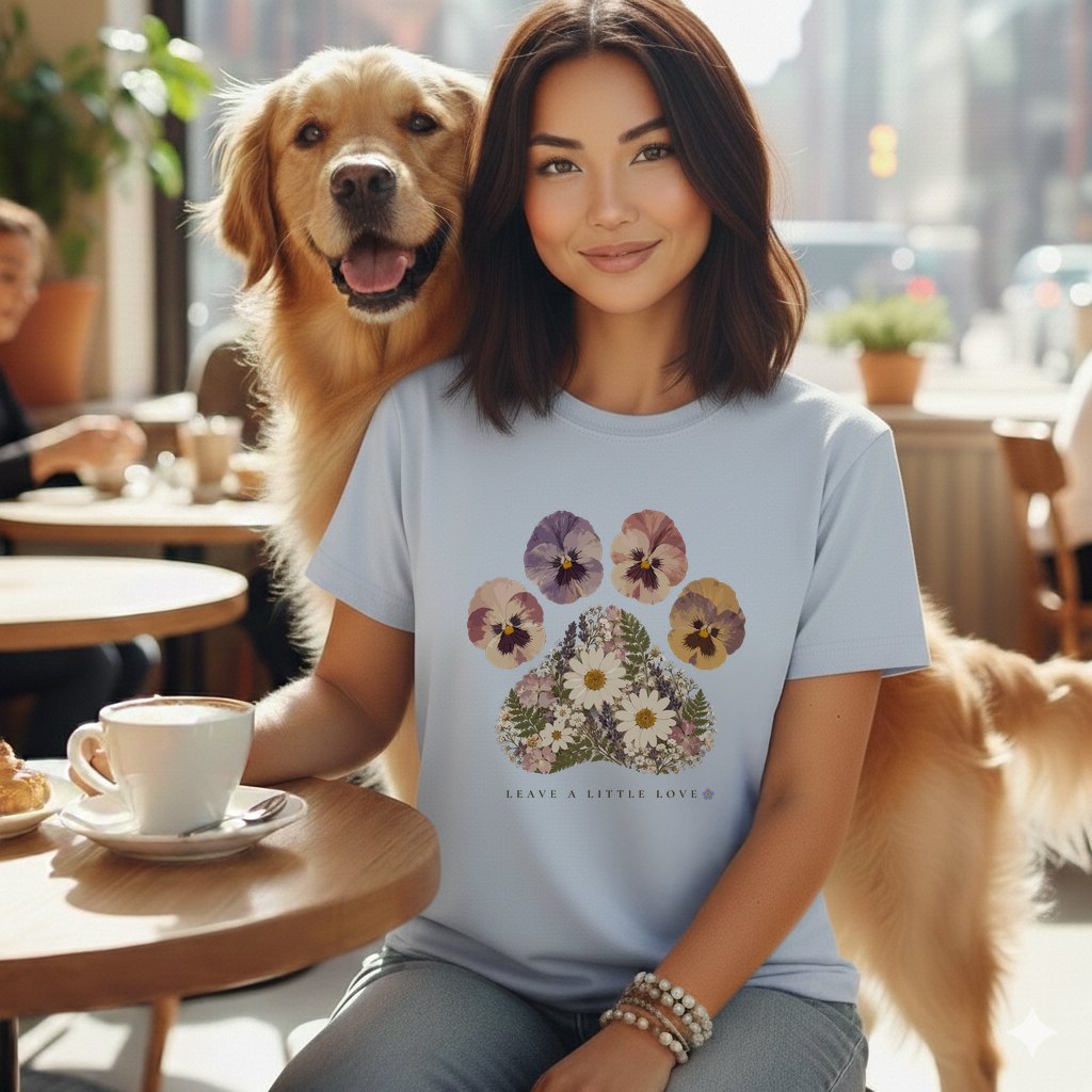 A woman sits at a cafe table wearing a light blue t-shirt featuring a floral paw print design.