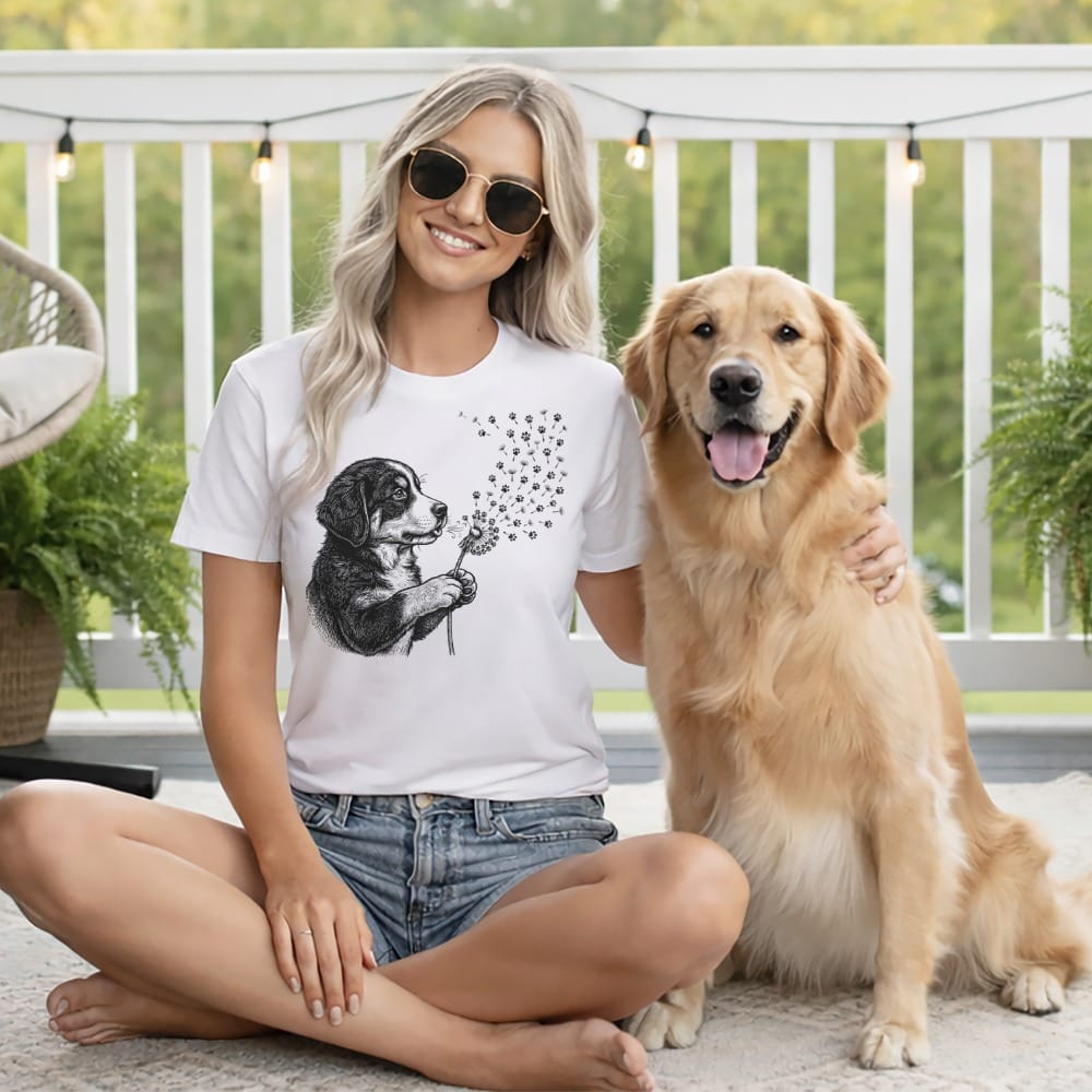 Woman wearing a t-shirt with a dog and dandelion design, sitting with a golden retriever.