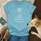 Teal t-shirt with a tent graphic, dog silhouette, and "Ruff-ing It" text.