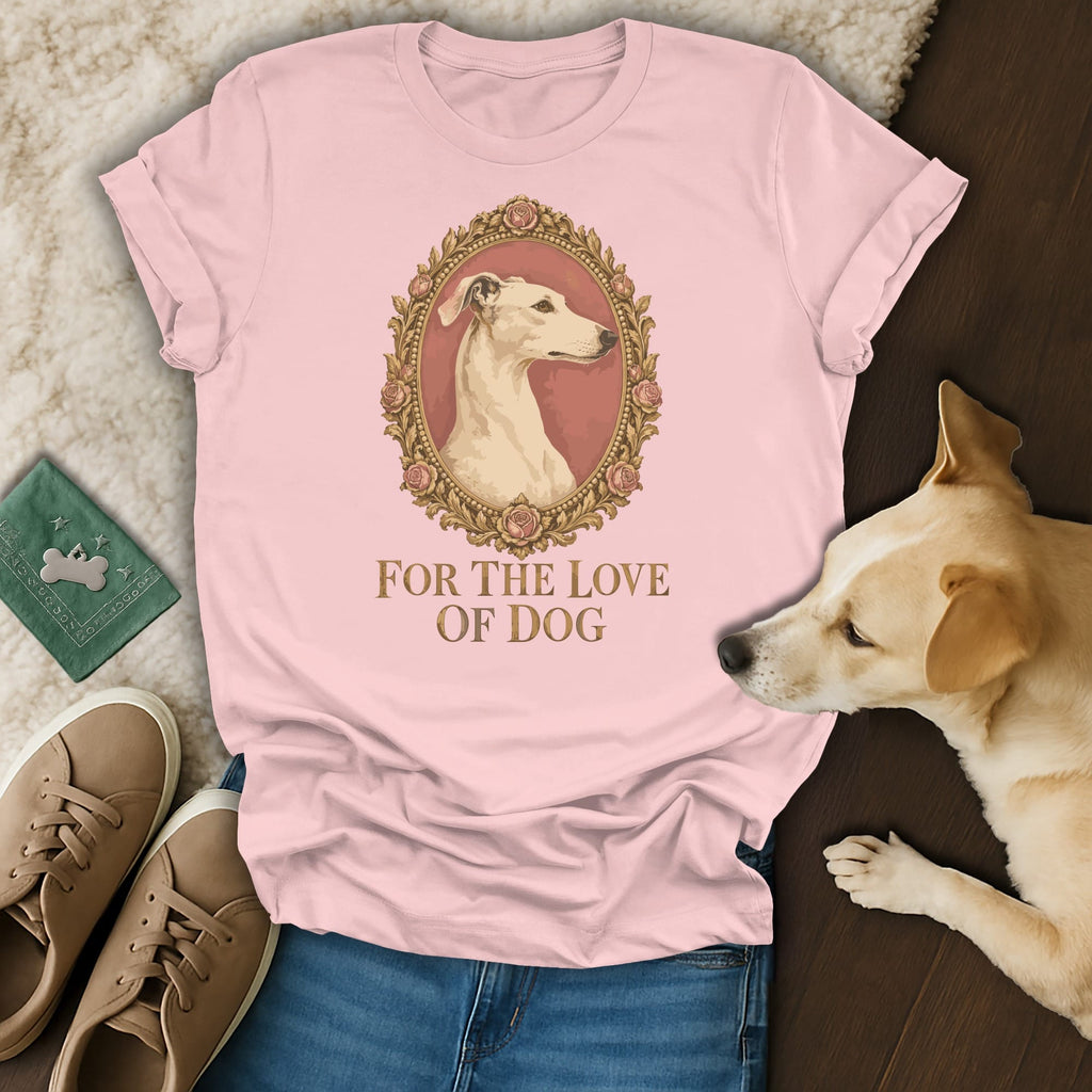 Pink t-shirt featuring a framed greyhound graphic and the text "For the love of dog".