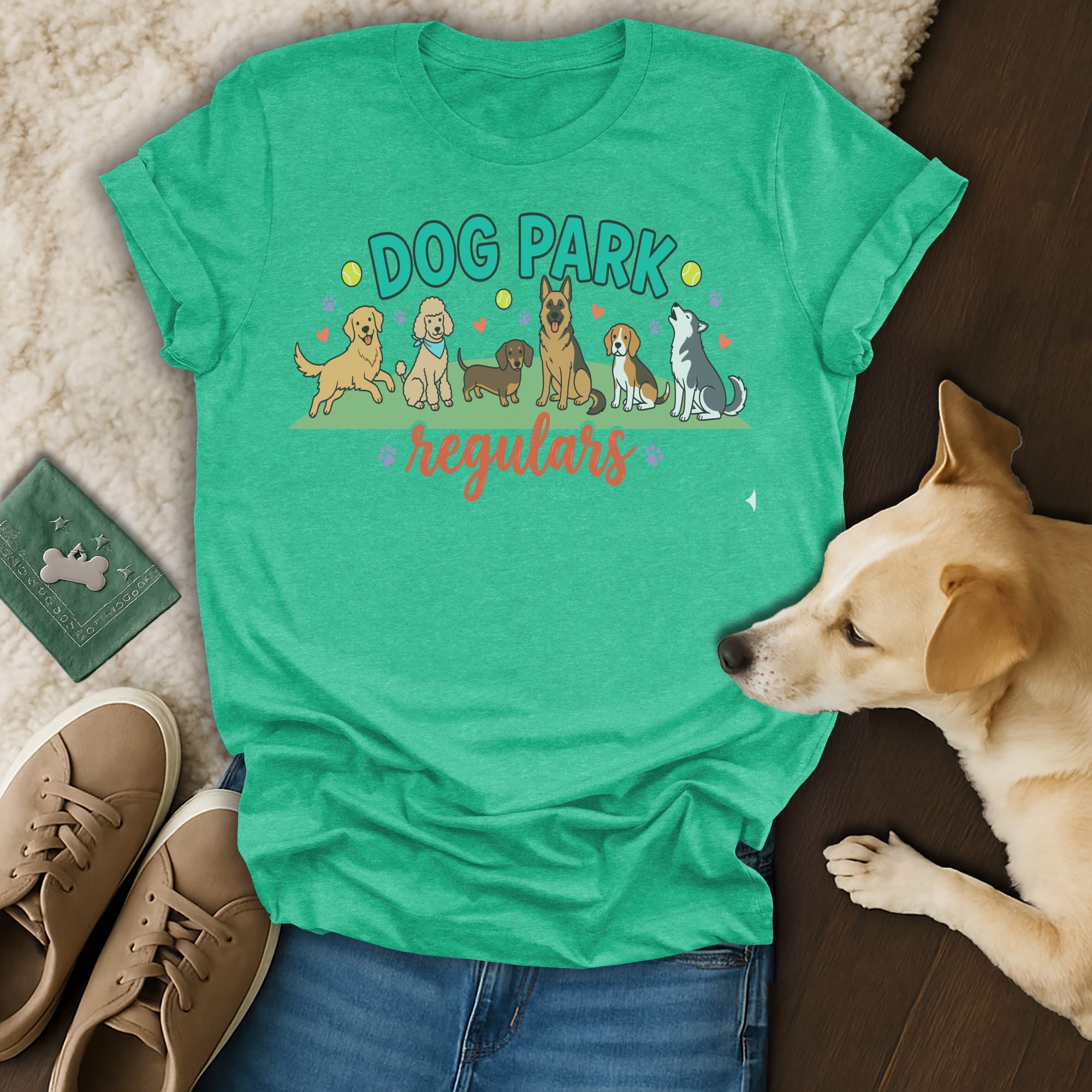 Green t-shirt with "Dog Park Regulars" text and cartoon dogs.