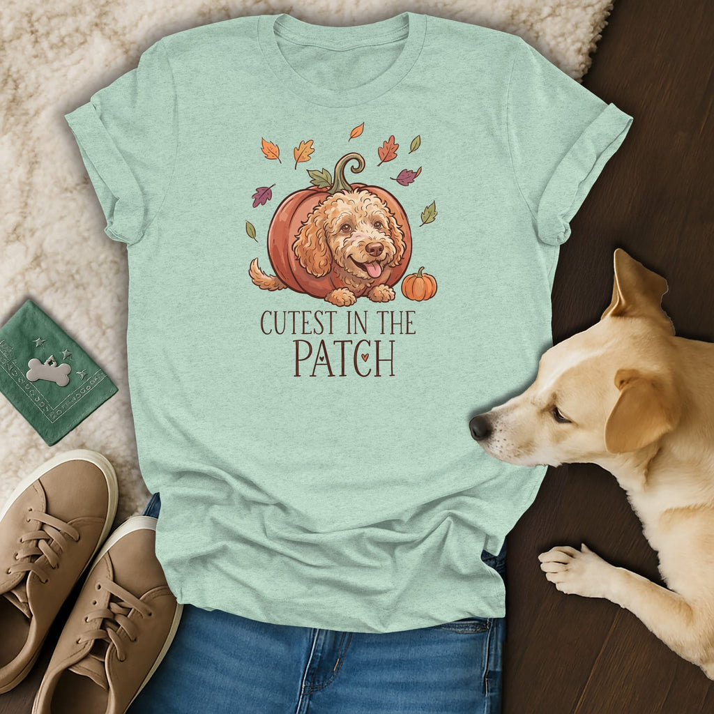 Light blue t-shirt with a cartoon dog inside a pumpkin and the text "Cutest in the Patch".