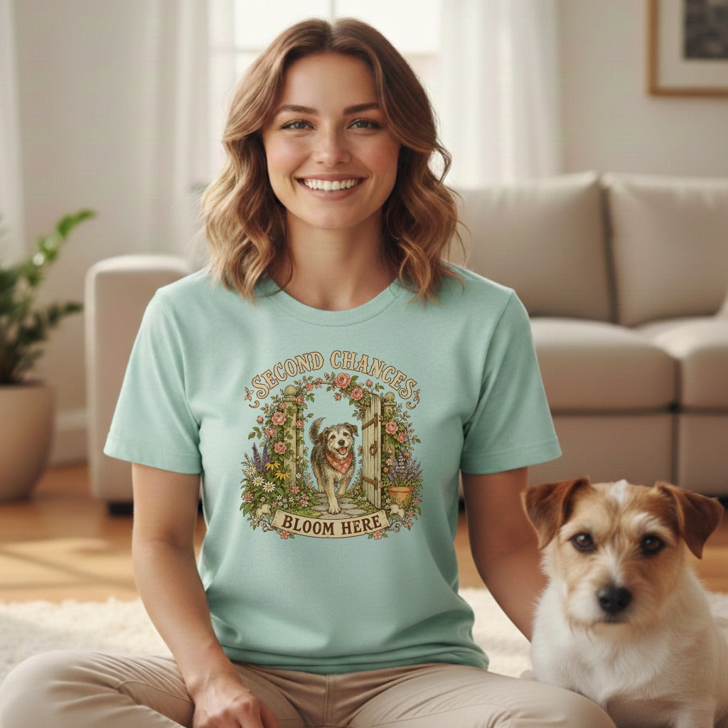 A smiling woman wearing a light green t-shirt with a vintage dog graphic next to a small terrier.