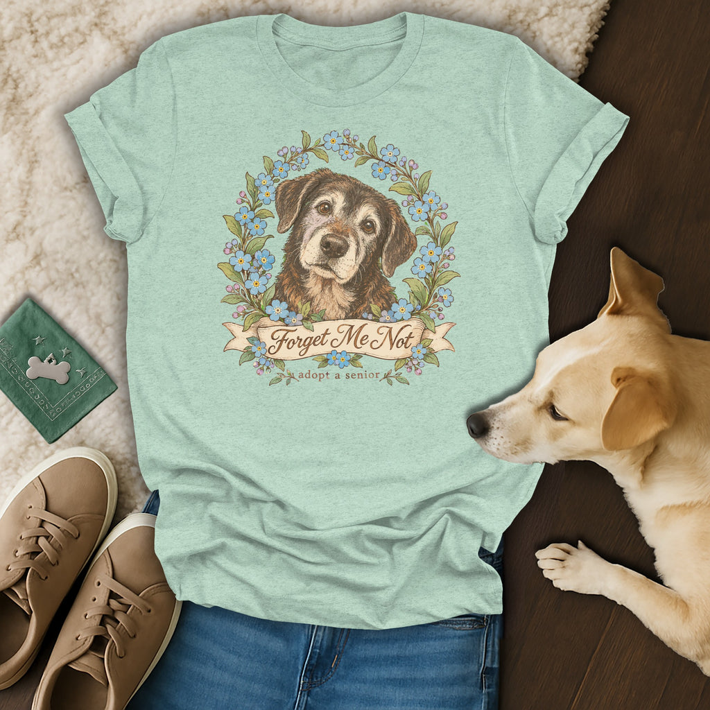 Mint green crewneck t-shirt featuring a senior dog graphic with forget-me-not flowers and text.