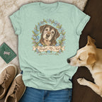 Mint green crewneck t-shirt featuring a senior dog graphic with forget-me-not flowers and text.