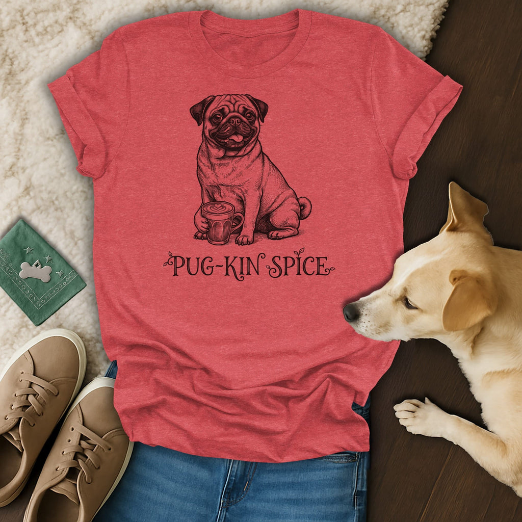 Red t-shirt with a pug holding a coffee cup and the text "Pug-Kin Spice".