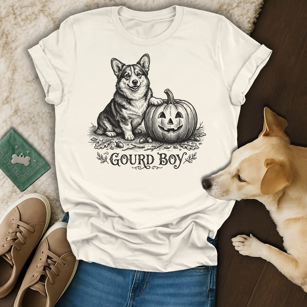 Cream t-shirt with a black sketch of a corgi next to a jack-o-lantern and the text "GOURD BOY."