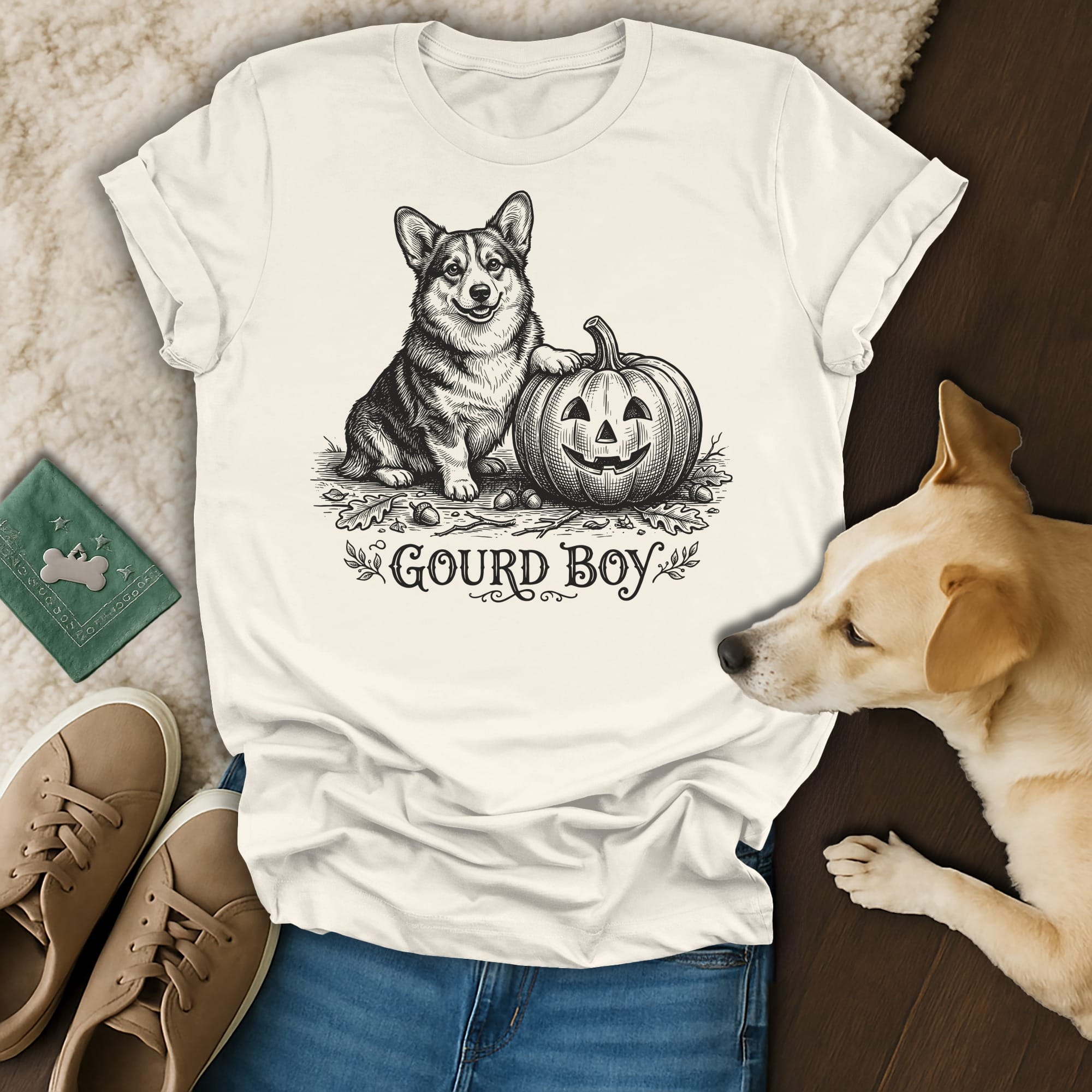 Cream t-shirt with a black sketch of a corgi next to a jack-o-lantern and the text "GOURD BOY."
