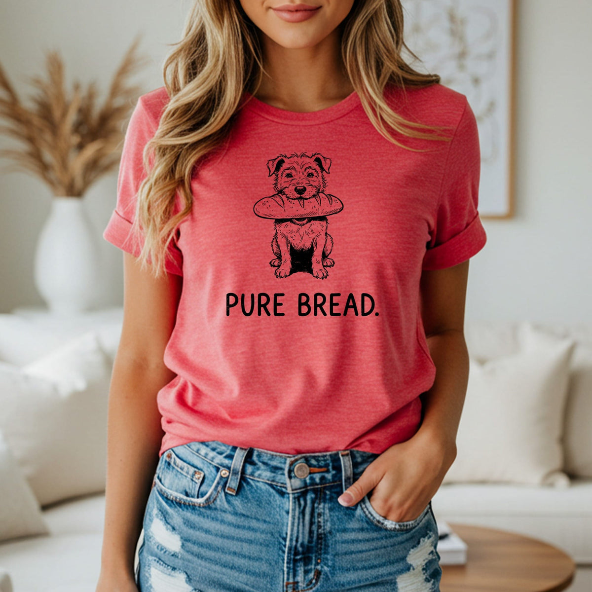 T-shirt with black sketch of dog with bread and text "PURE BREAD."