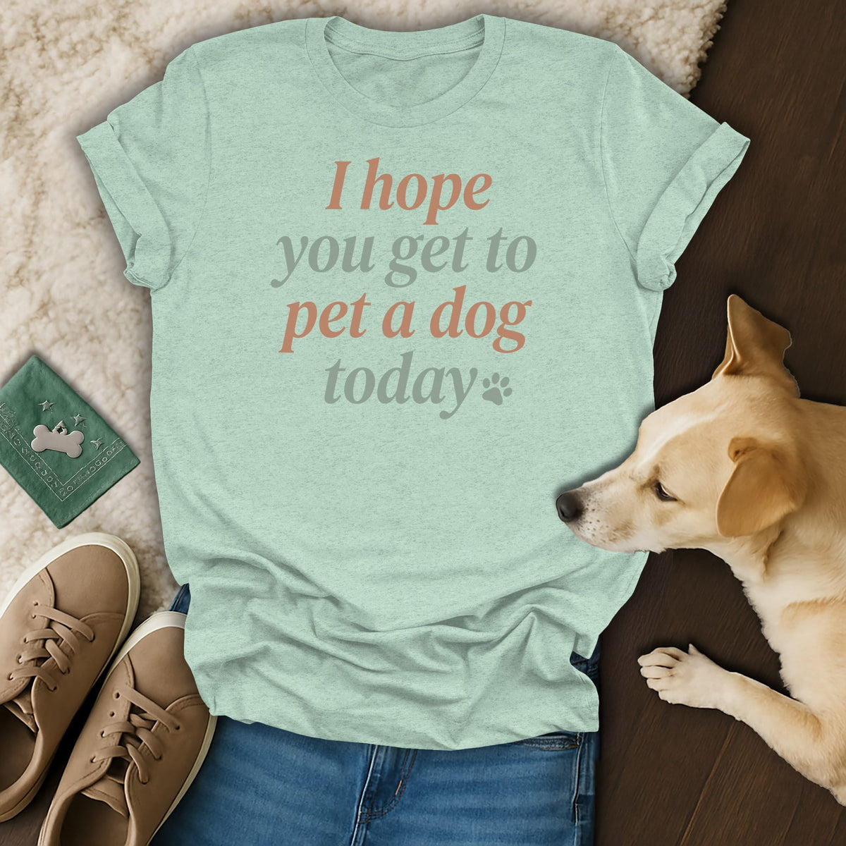 Light blue t-shirt with "I hope you get to pet a dog today" text and paw print.